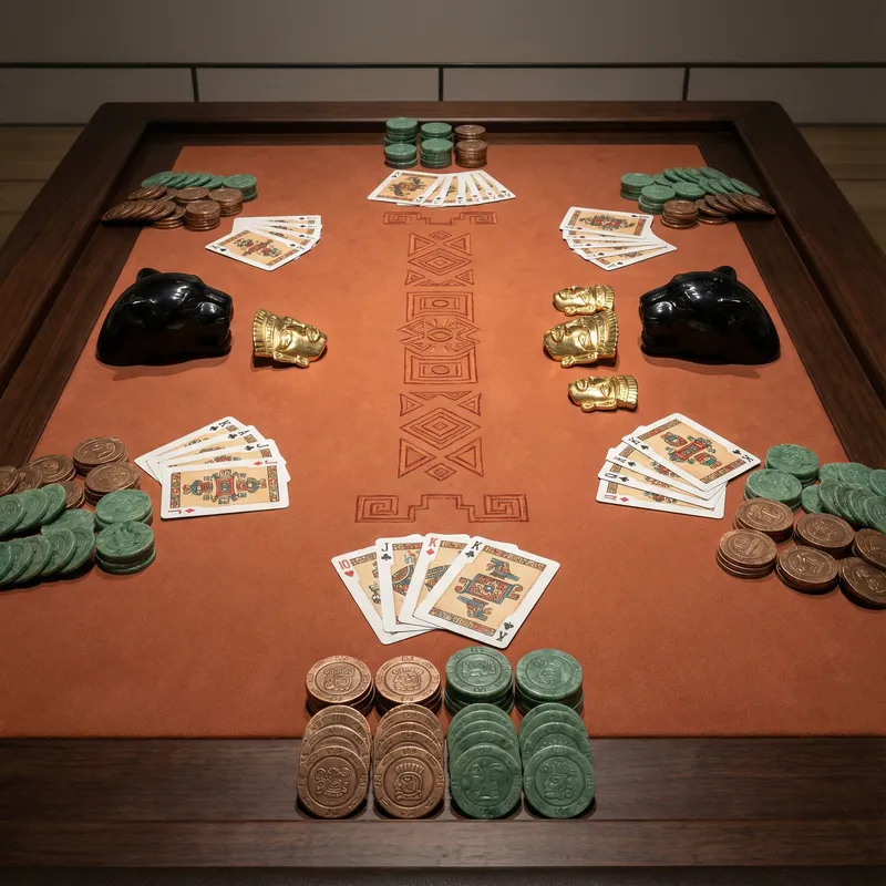 Mesa de bacará con cartas y fichas de bronce inspiradas en arte prehispánico en Casino Codere Monterrey