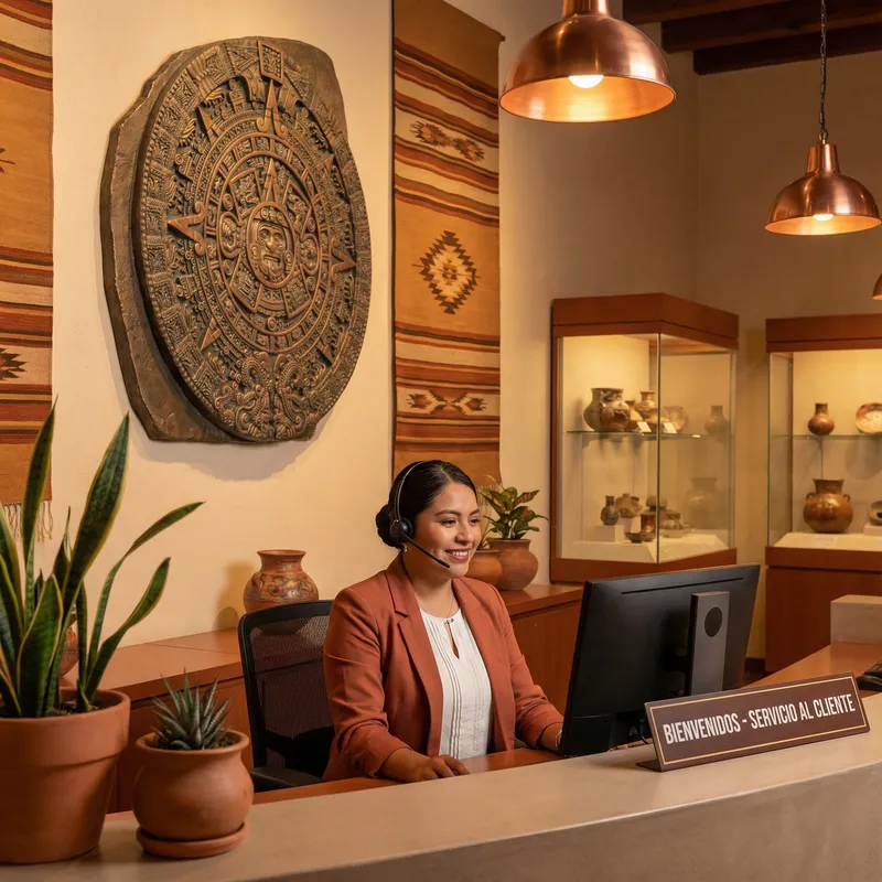Agente de soporte al cliente de Casino Codere Monterrey con calendario azteca de fondo
